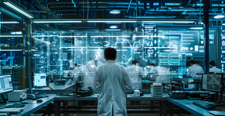 Depict scientists in a lab with holographic quantum physics equations floating in the air and complex machinery that suggests advanced research space