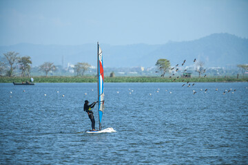 wind surfing at Deepor beel Guwahati on occasion of Rising sun water sport organized by the Indian...