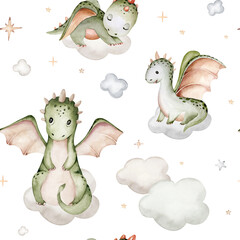 Cartoon 2024 New Year's card Dragon seamless pattern, happy new year and christmas childish background