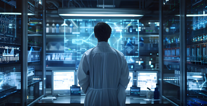 Depict scientists in a lab with holographic quantum physics equations floating in the air and complex machinery that suggests advanced research space for text - Powered by Adobe