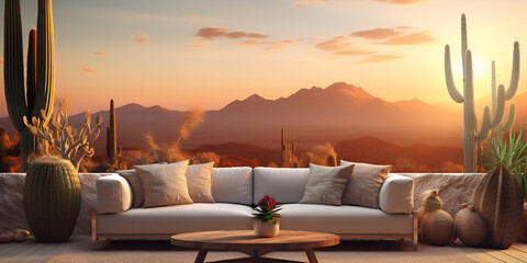 a sofa and table in a desert with cactus sunset time flora landscape New Mexico behind mountains background - obrazy, fototapety, plakaty