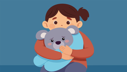 A child burying their face in their stuffed animal as a coping mechanism during a separation showing the childs need for comfort and security