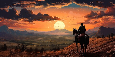 A man is riding a horse in a desert landscape with a sunset in the background
