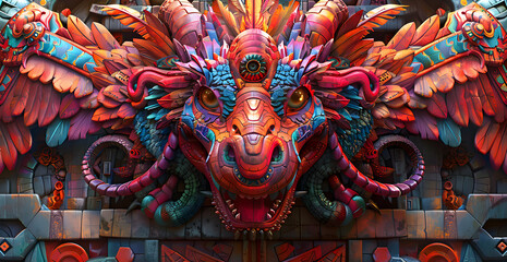 Obraz premium a psychedelic fractal pattern of Maya, Aztec and Inca culture patterns of animals, faces and shapes, full color highres