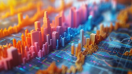 A detailed 3D render of an investment portfolio report, with colorful graphs and percentages indicating diversified assets