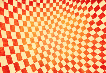 Retro background with texture of old soiled paper of red and yellow color and checkered pattern....