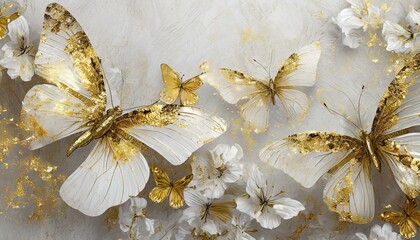 golden butterfly on a flower, white butterflies on white with gold tint flowers painted with oil