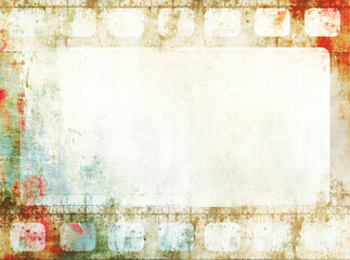 Grunge background with old paper texture and retro filmstrip frame. Horizontal or vertical retro banner with film reel. Vintage colourful backdrop. Copy space for text