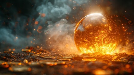 A sleek 3D render of a crystal ball showing future financial markets, with gold coins and stock tickers swirling in a mystical fog - obrazy, fototapety, plakaty