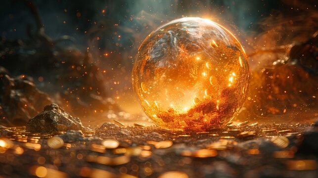A sleek 3D render of a crystal ball showing future financial markets, with gold coins and stock tickers swirling in a mystical fog