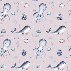 Watercolor seamless pattern with underwater world Bright fish, whale, shark dolphin starfish animals. Jellyfish seashells. Sea and ocean fish life background - 772758704