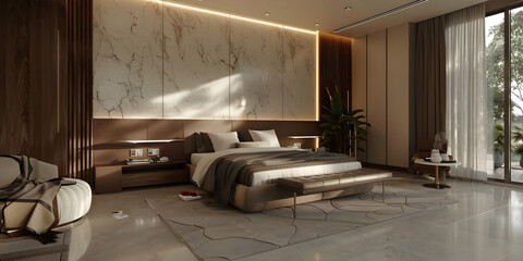 render of a cozy bedroom, modern style, soft and natural colors with wood, large window with natural light, interior render. 
