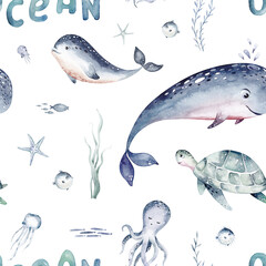 Watercolor seamless pattern with underwater world Bright fish, whale, shark dolphin starfish animals. Jellyfish seashells. Sea and ocean fish life background - 772758755