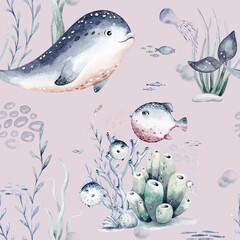 Watercolor seamless pattern with underwater world Bright fish, whale, shark dolphin starfish animals. Jellyfish seashells. Sea and ocean fish life background - 772758756