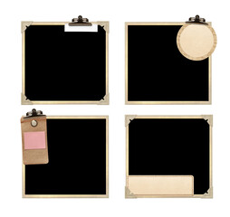 Set of retro photo frame with paper tag attached with a vintage clip. Nostalgic scrapbooking collection. Paper labels clipped to a photo. Mock up template. Copy space for text. Isolated on white