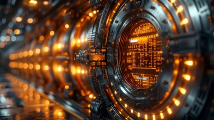 A sleek 3D render of a secure investment vault, its door opening to reveal stacks of gold bars and glowing stock charts