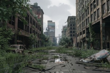 A post-apocalyptic cityscape devoid of life, with crumbling buildings, overgrown vegetation, and the remnants of civilization scattered throughout the desolate landscape, Generative AI - obrazy, fototapety, plakaty