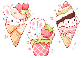 Collection of summer kawaii style animal-shaped dessert. Strawberry ice cream with whipped cream. Set of cute bunny-shaped dessert. Can be used for t-shirt print, sticker, greeting card. Vector EPS8