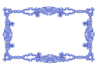Vector decorative pattern in navy Blue and White design with frame or border. Baroque Vector mosaic.  - 772759161