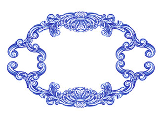 Vector decorative pattern in navy Blue and White design with frame or border. Baroque Vector mosaic.  - 772759184