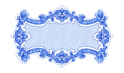 Vector decorative pattern in navy Blue and White design with frame or border. Baroque Vector mosaic.  - 772759188