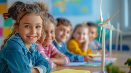 Fototapeta premium Kids at school learning about renewable energy , young girl studying wind turbine in a class to understand ecology and climate change