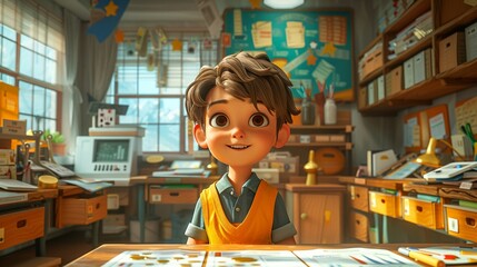 A vibrant 3D cartoon of a financial education classroom, with kids learning about stocks and gold through interactive games - obrazy, fototapety, plakaty