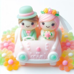Obraz premium a cute wedding couple in wedding car made of pastel color rainbow gummy candy with flowers around on a white background