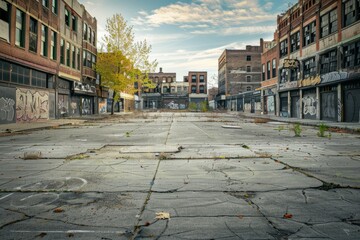 A vacant city square surrounded by abandoned storefronts, with empty sidewalks, cracked pavement,...