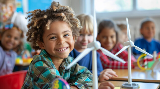 Kids at school learning about renewable energy , young girl studying wind turbine in a class to understand ecology and climate change