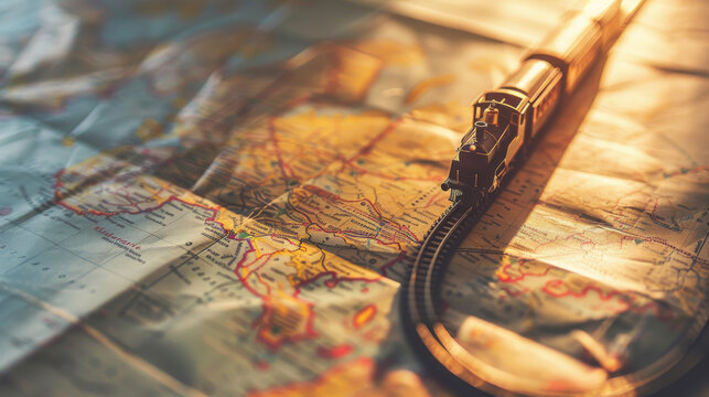 Train model on map , rail transportation or train journey concept image with copy space
