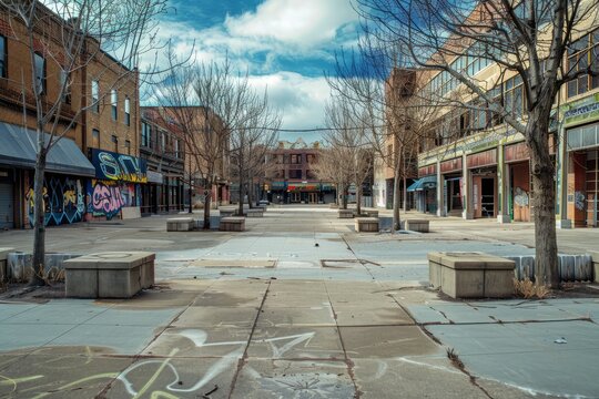 A vacant city square surrounded by abandoned storefronts, with empty sidewalks, cracked pavement, and the faded remnants of graffiti adorning the walls of deserted buildings, Generative AI