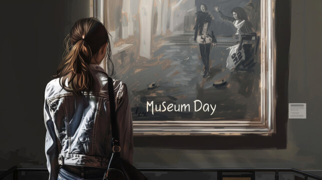 International Museum day illustration with a person looking at a painting with written Museum Day to celebrate this world day