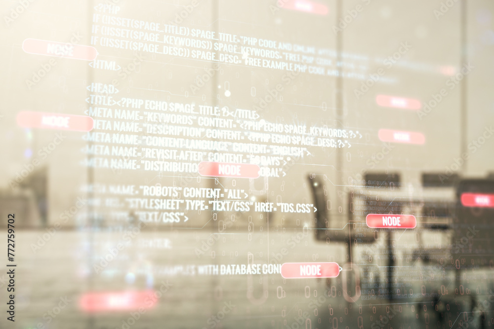Poster multi exposure of abstract software development hologram on a modern meeting room background, resear