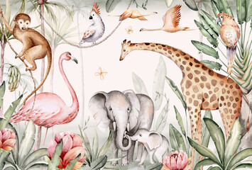 Watercolor illustration of African Animals: elephant and monkey, cockatoo, wild parrot and giraffe, flamingo isolated white background. Safari savannah animals. - obrazy, fototapety, plakaty