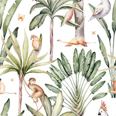 Wild animals watercolor seamless pattern with giraffe and elephant, monkey with cockatoo, parrot savannah with palm trees. Repeating background.
