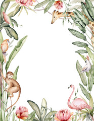Watercolor frame background of african plants and animals with elephant, monkey and cockatoo, border with parrot and giraffe. tropical leaves - 772759728