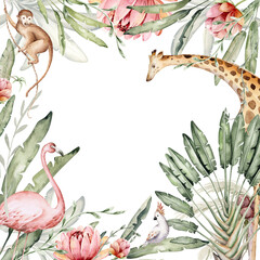 Watercolor frame background of african plants and animals with elephant, monkey and cockatoo, border with parrot and giraffe. tropical leaves - 772759748