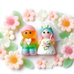 Obraz na płótnie Canvas a cute wedding couple made of pastel color rainbow gummy candy with flowers around on a white background