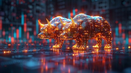 A vibrant 3D render of a golden bull and bear symbolizing the stock markets ups and downs, set against a backdrop of rising charts