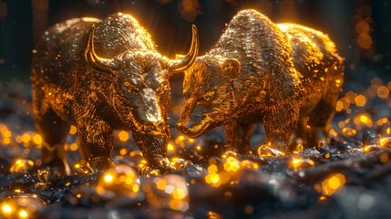 A vibrant 3D render of a golden bull and bear symbolizing the stock markets ups and downs, set against a backdrop of rising charts