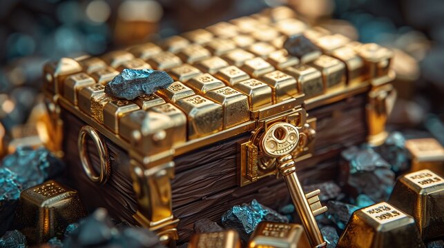 A vibrant 3D render of a golden key unlocking a treasure chest filled with stocks, bonds, and gold bars