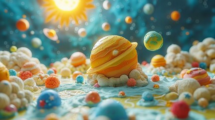 A whimsical 3D cartoon of a family s financial goals as different planets, orbiting around a sun represented by their main investment strategy - obrazy, fototapety, plakaty
