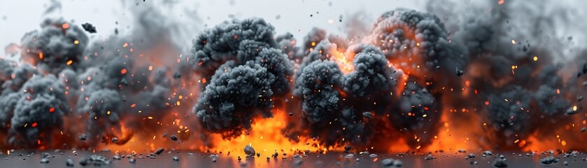 Fireball with dense black smoke, random explosion, photorealistic, white background ,3DCG,clean sharp focus - obrazy, fototapety, plakaty