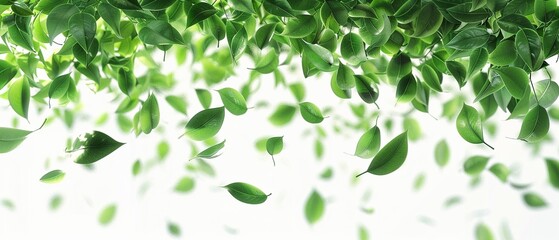Fototapeta na wymiar Random swirl of green leaves, photorealistic, suspended, white background ,3DCG,high resulution
