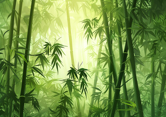 Bamboo Forest: A dense bamboo forest background, with tall stalks of bamboo creating a serene and peaceful atmosphere.