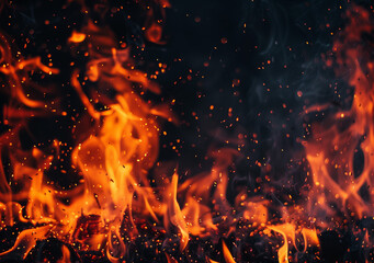 Fototapeta na wymiar Fire red on a black background, a closeup of burning flames, the flames spread to the right and left of center, a burning fire pattern on a pure black background