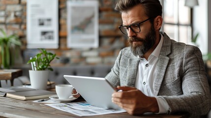 Businessman reading the morning news on a tablet, with a cup of coffee on the desk