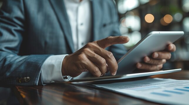 Businessman reviewing a contract document on a tablet, in a corporate boardroom
