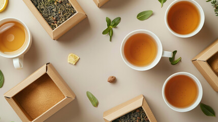 Calming cups of tea surrounded by open boxes with loose tea leaves scattered, showcasing...